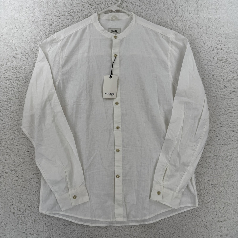 Pull&Bear Mens XL White Linen Cotton Band Collar Long Sleeve Shirt 4471/901/250